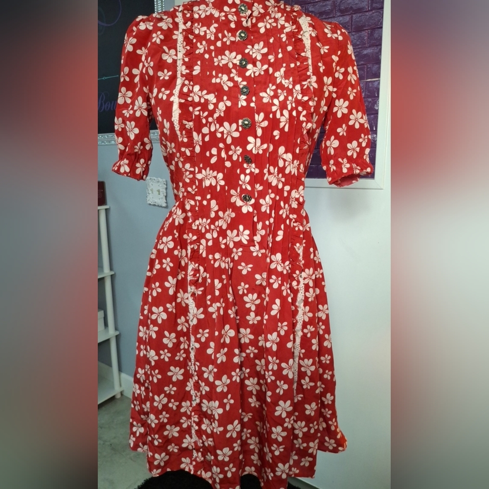 The Kooples Silk Retro Looking Red Biege Flowers Dress XS New No Tags